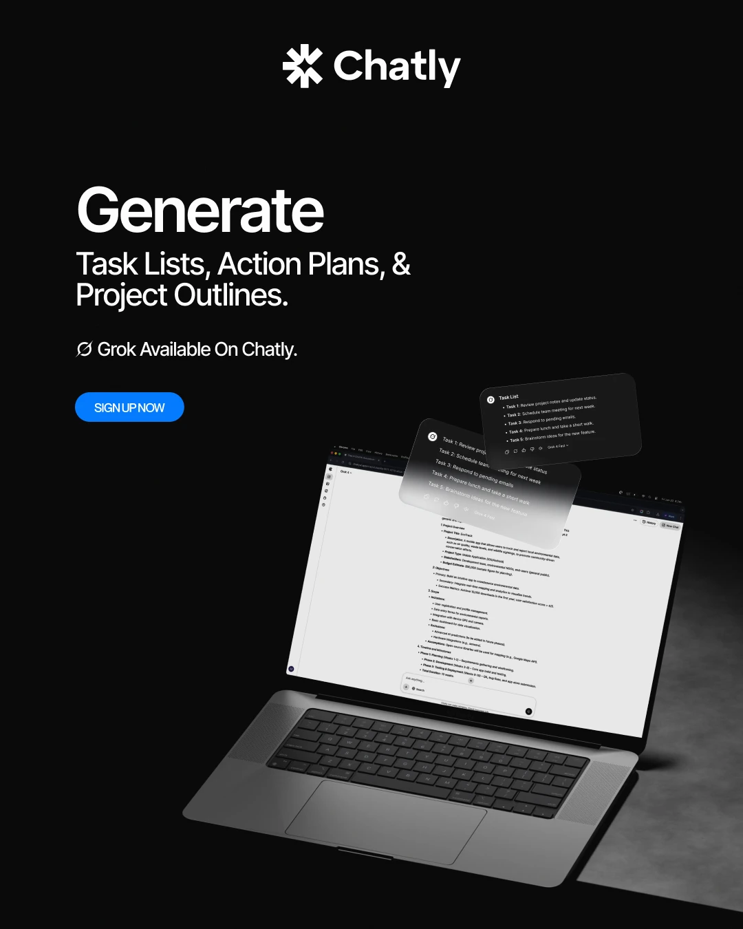 Chatly social post — generate task lists, action plans and project outlines with Grok