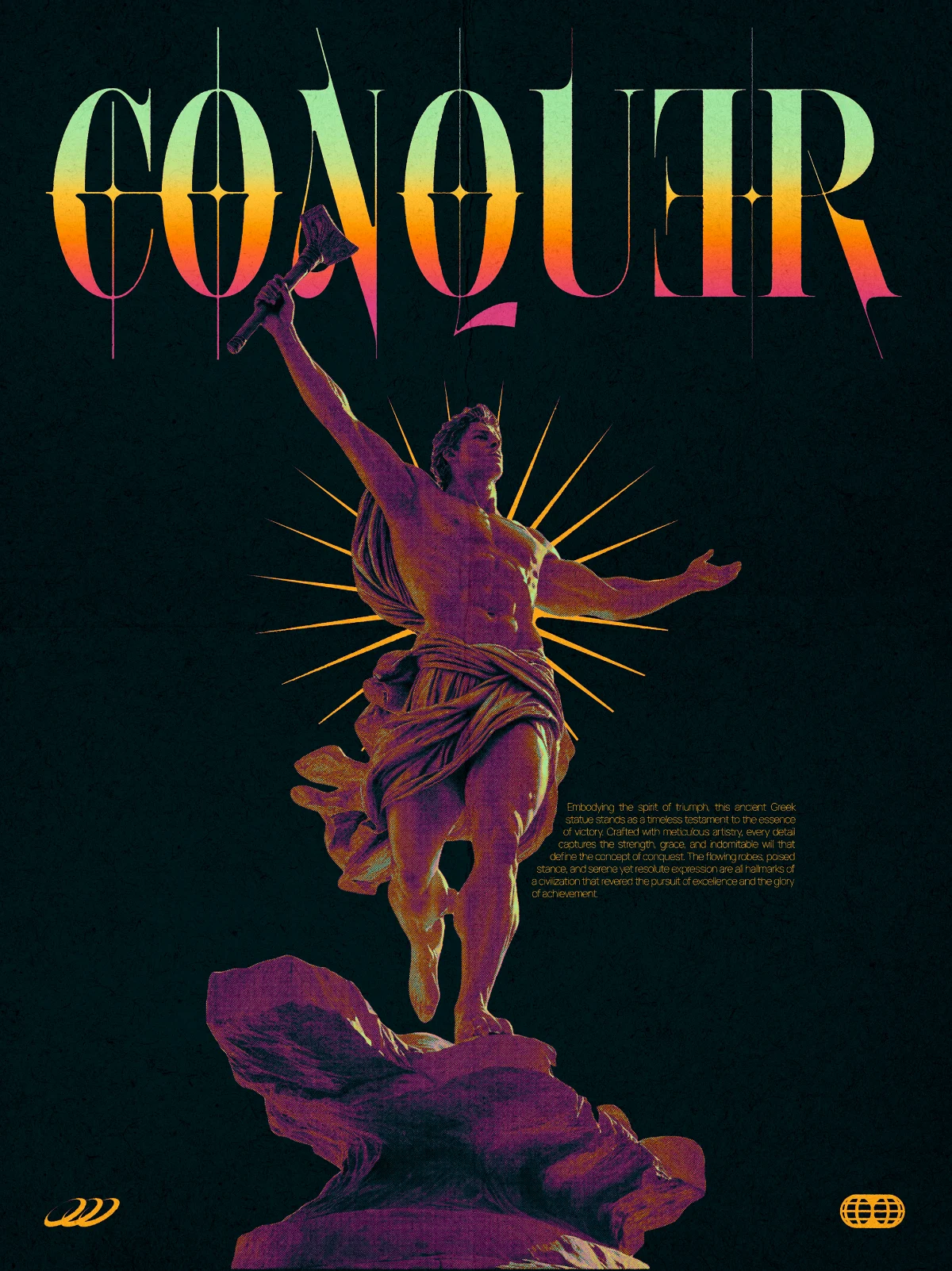 Conquer — classical statue in duotone with blackletter type