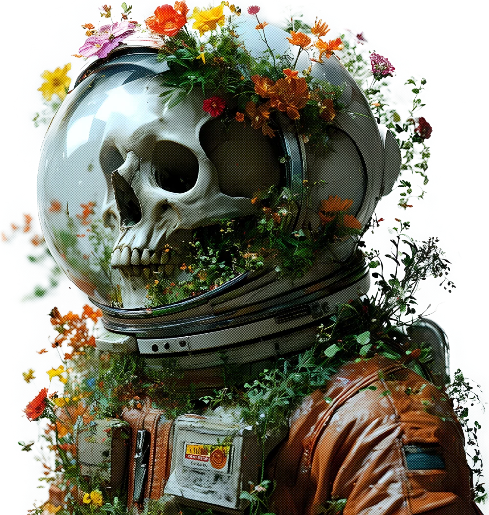 Resilience — astronaut helmet cradling wildflowers