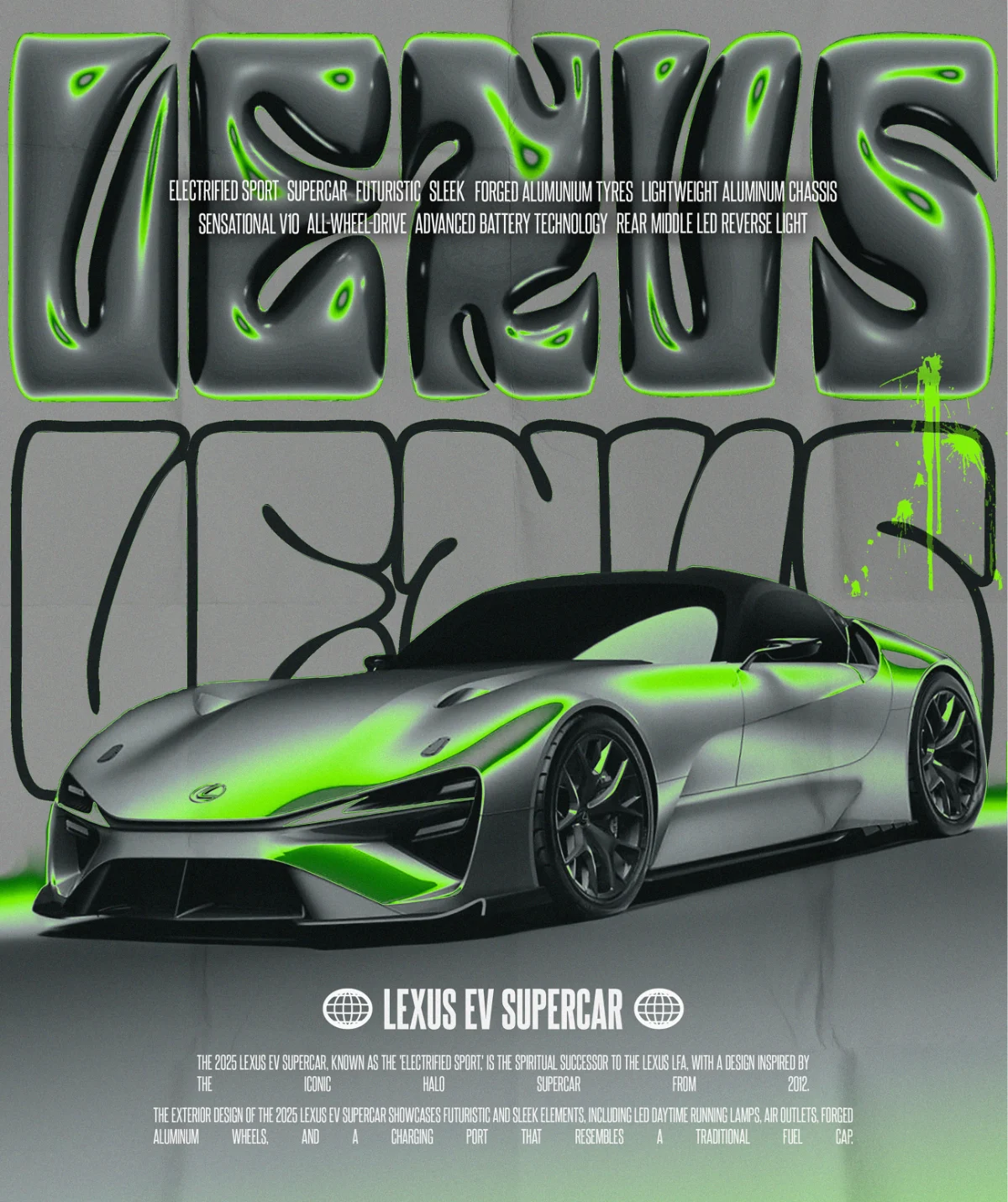 Lexus EV supercar poster with inflated type