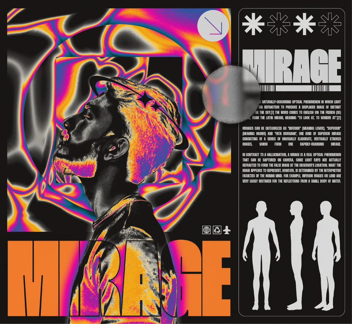 Mirage — thermal-toned portrait with editorial panel