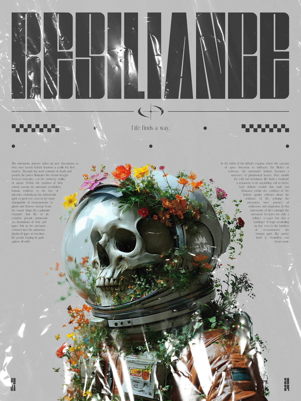 Resilience — astronaut helmet cradling wildflowers