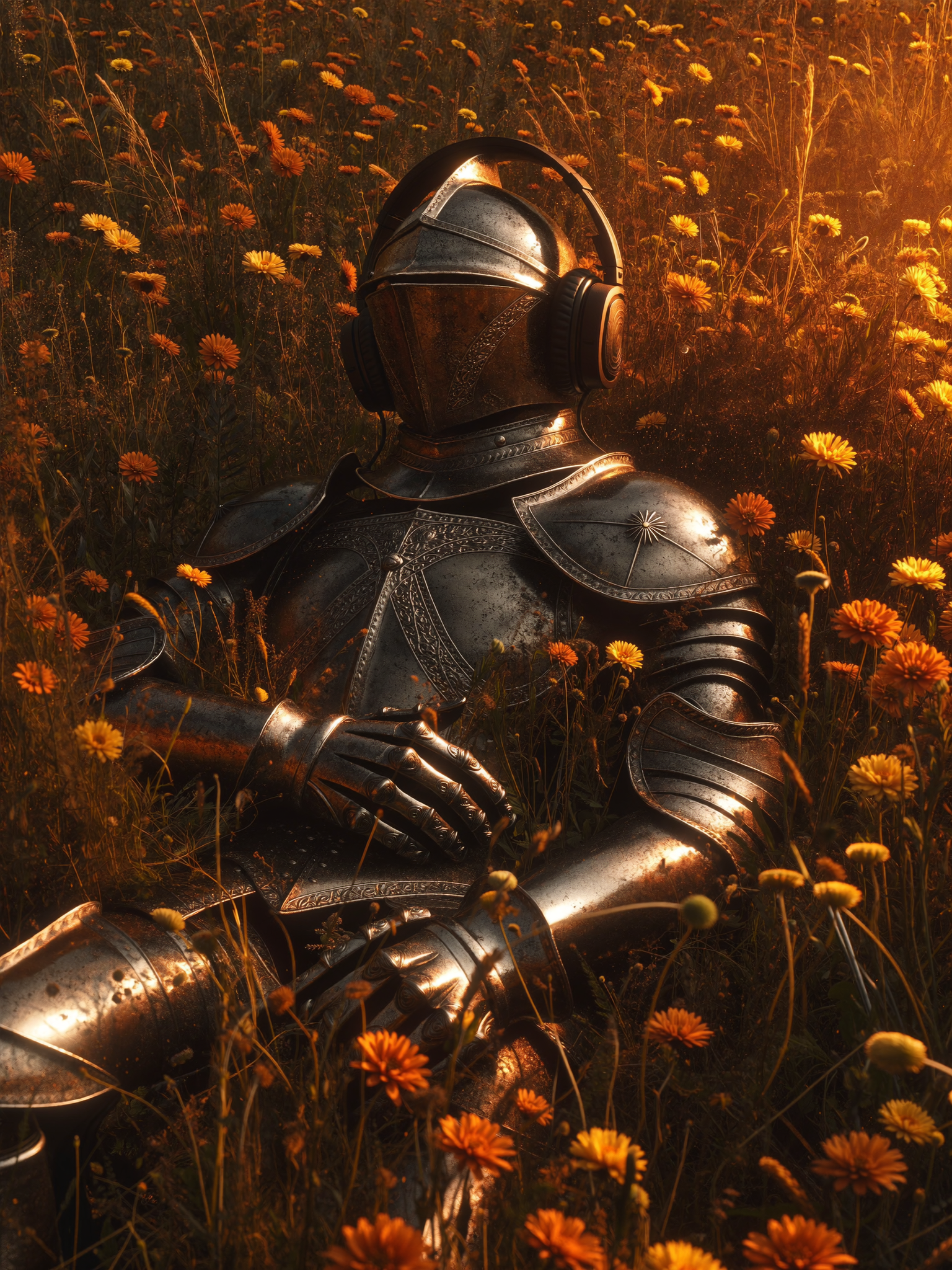 Armoured knight resting in a field of orange flowers at golden hour
