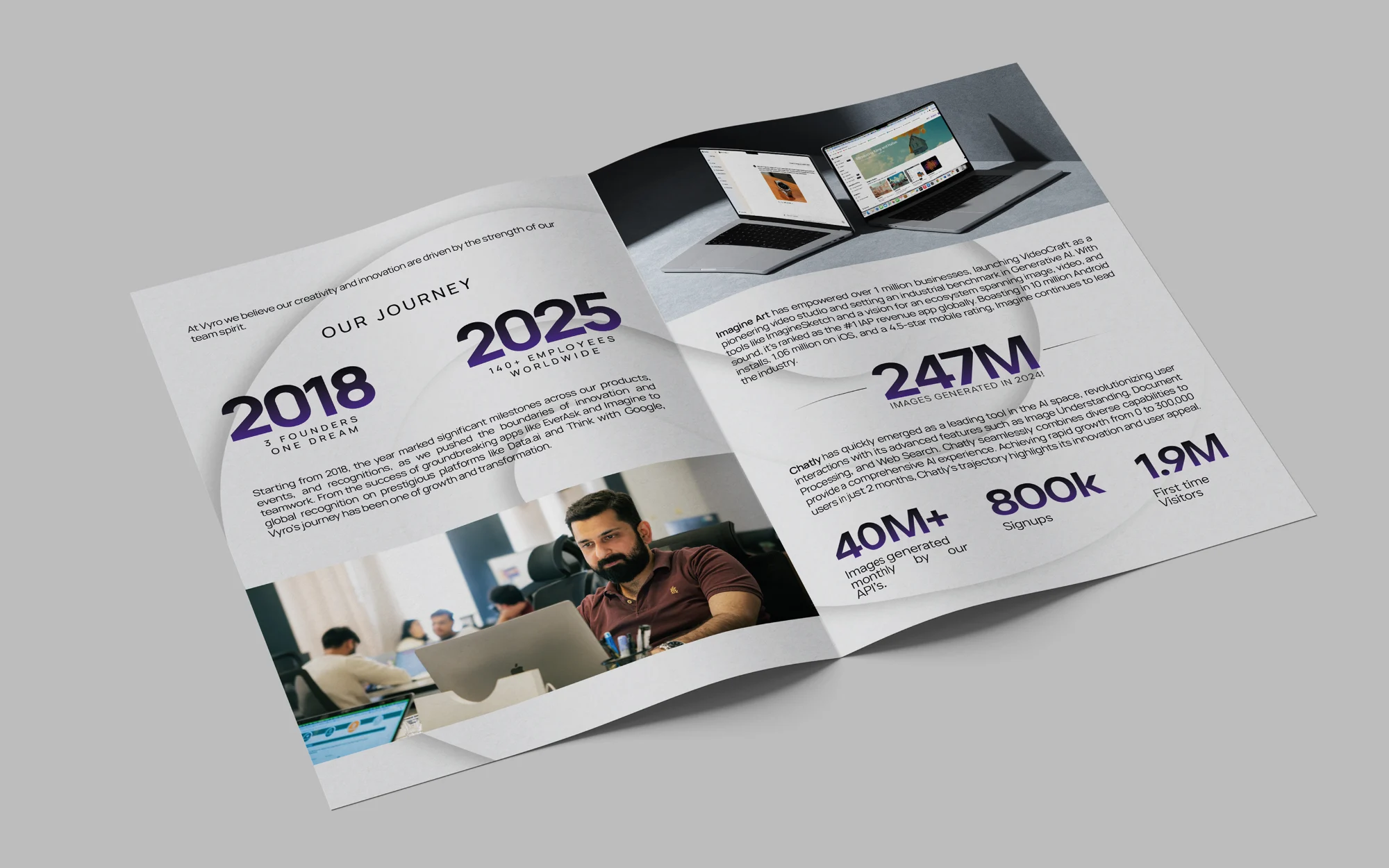Vyro brochure — open spread with the company journey and numbers