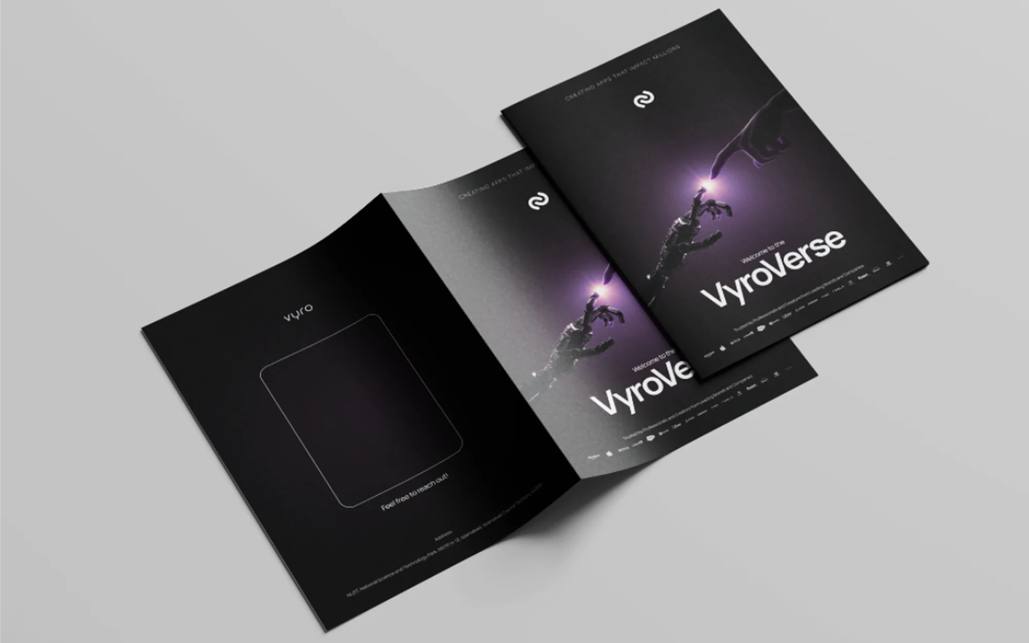 Vyro brochure — closed bi-fold cover and business card placeholder