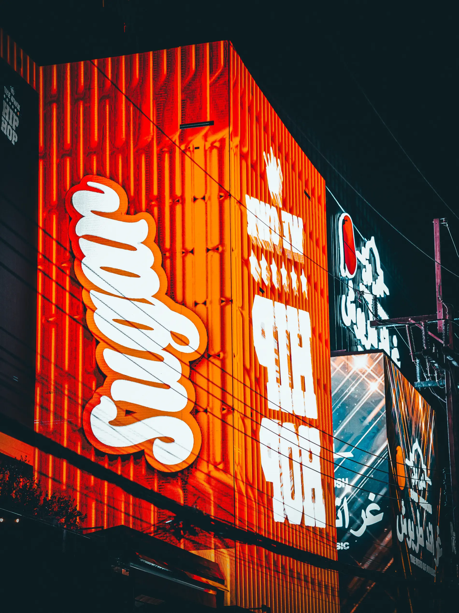 Neon signage lit up at night