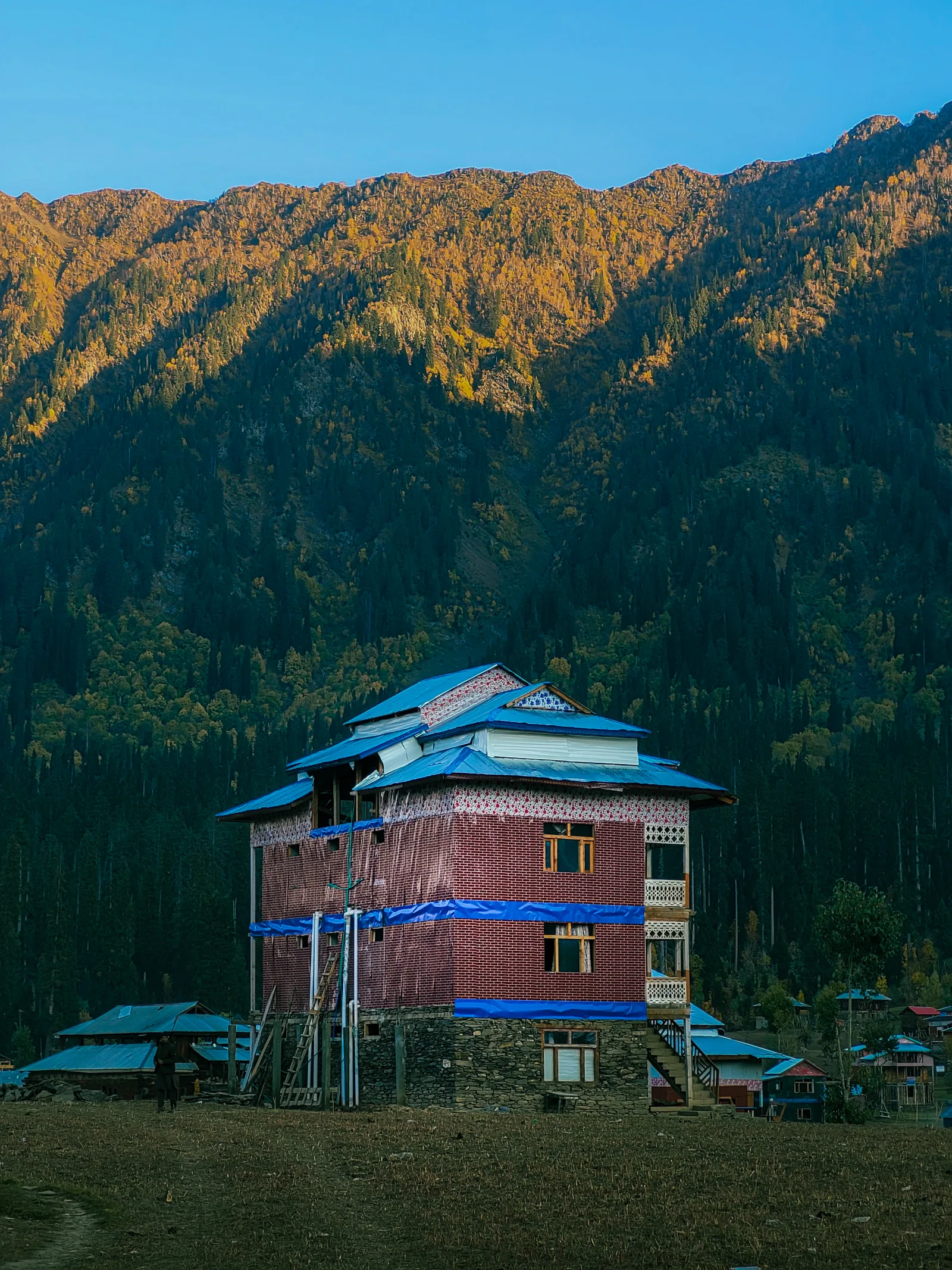 Village house below a forested mountain in low light