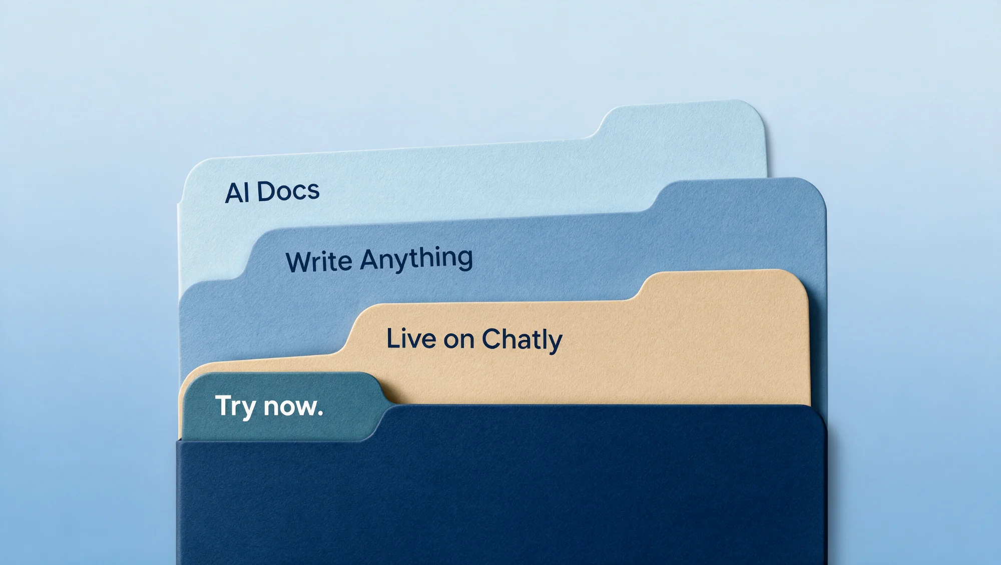 Stacked paper folder tabs reading AI Docs, Write Anything, Live on Chatly, Try now.