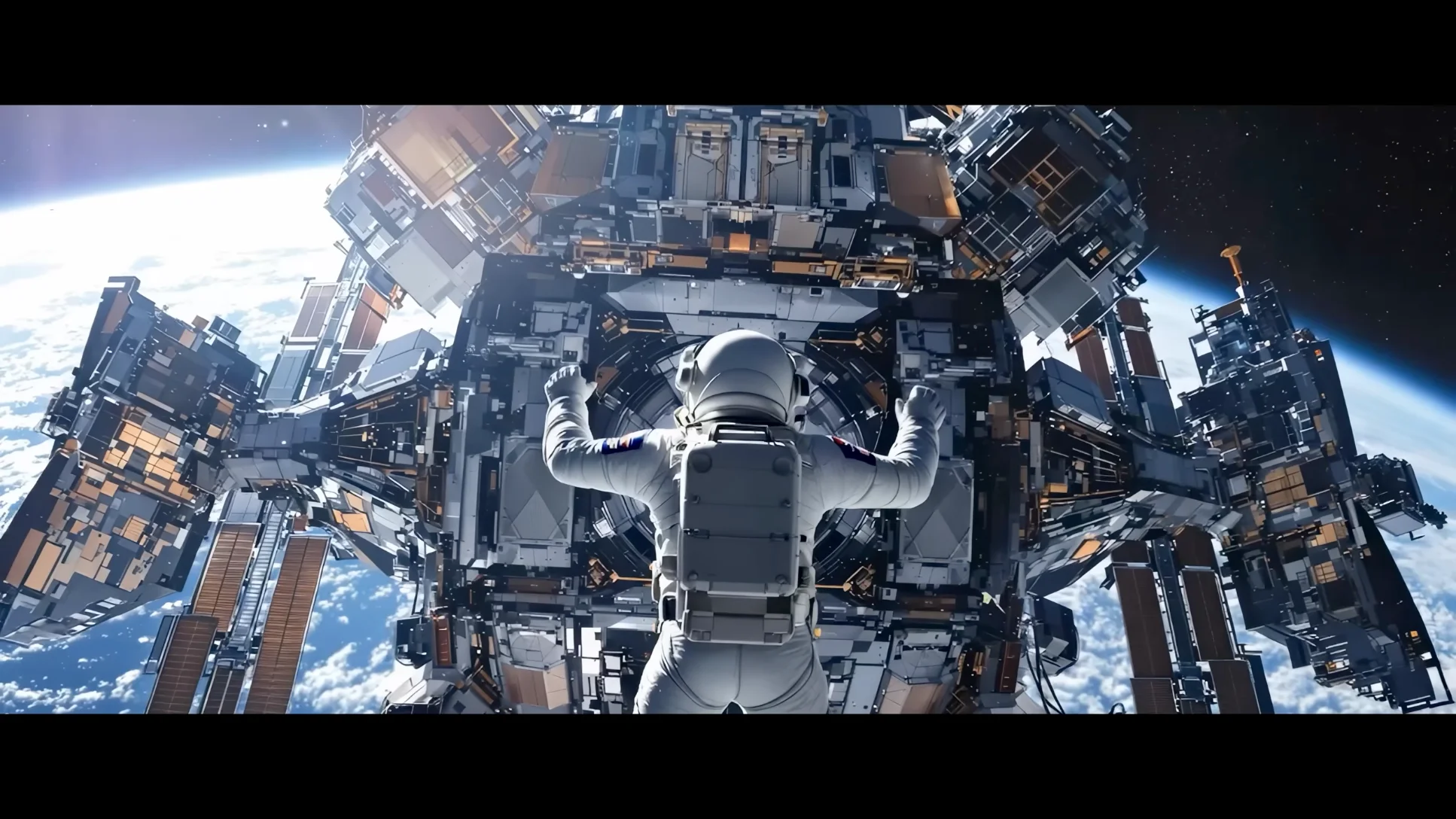 AI-generated astronaut floating before a large orbital space station