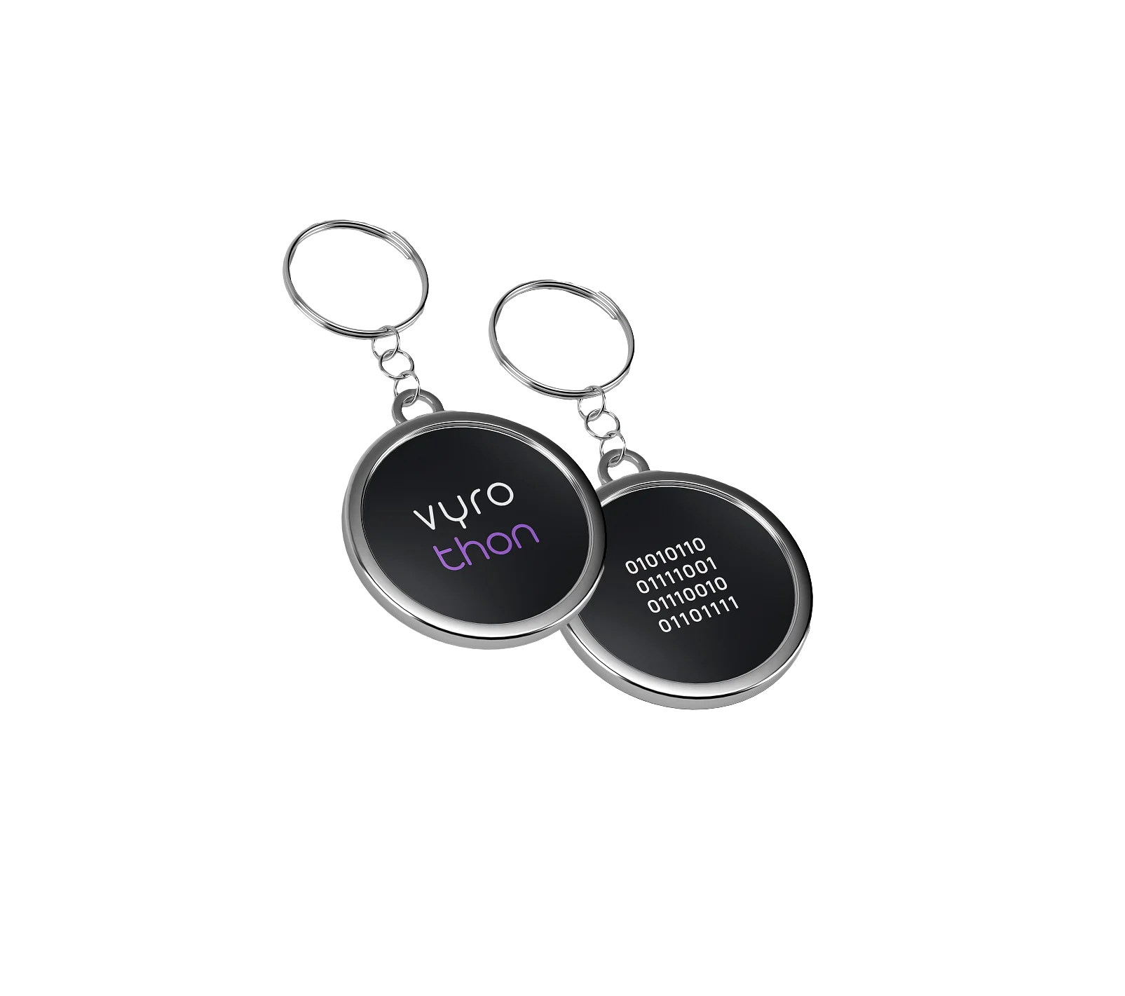 Vyrothon keychains — logo face and binary face
