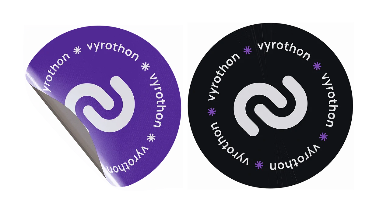 Vyrothon circular stickers in purple and black